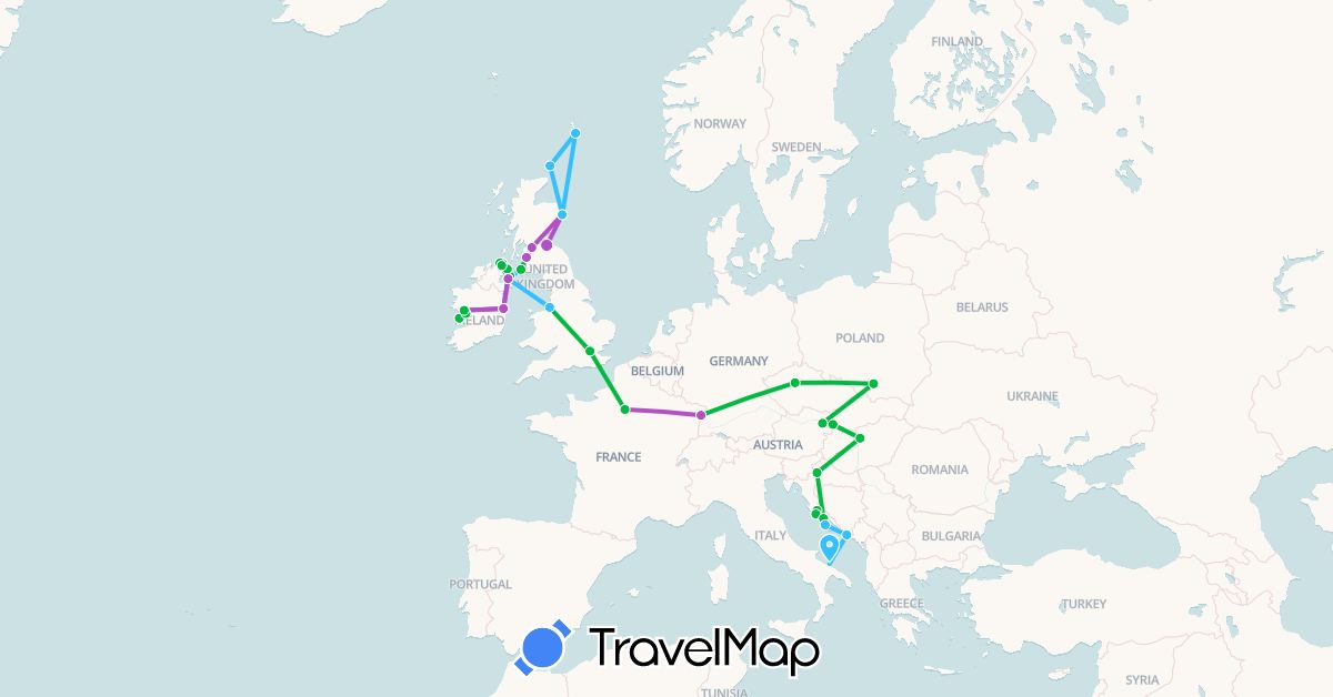 TravelMap itinerary: bus, plane, train, boat in Austria, Czech Republic, France, United Kingdom, Croatia, Hungary, Ireland, Italy, Poland, Slovakia (Europe)